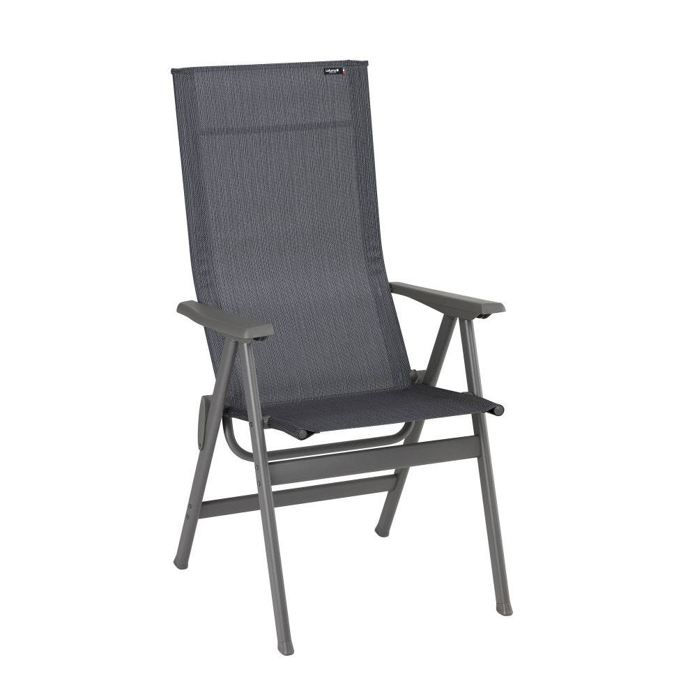 Fauteuil pliant dossier haut en acier gris L64xl62xH117