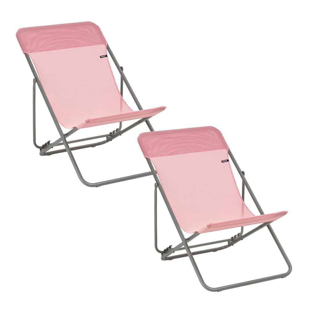 Lot de 2 transats jardin pliants multi-positions en acier rose