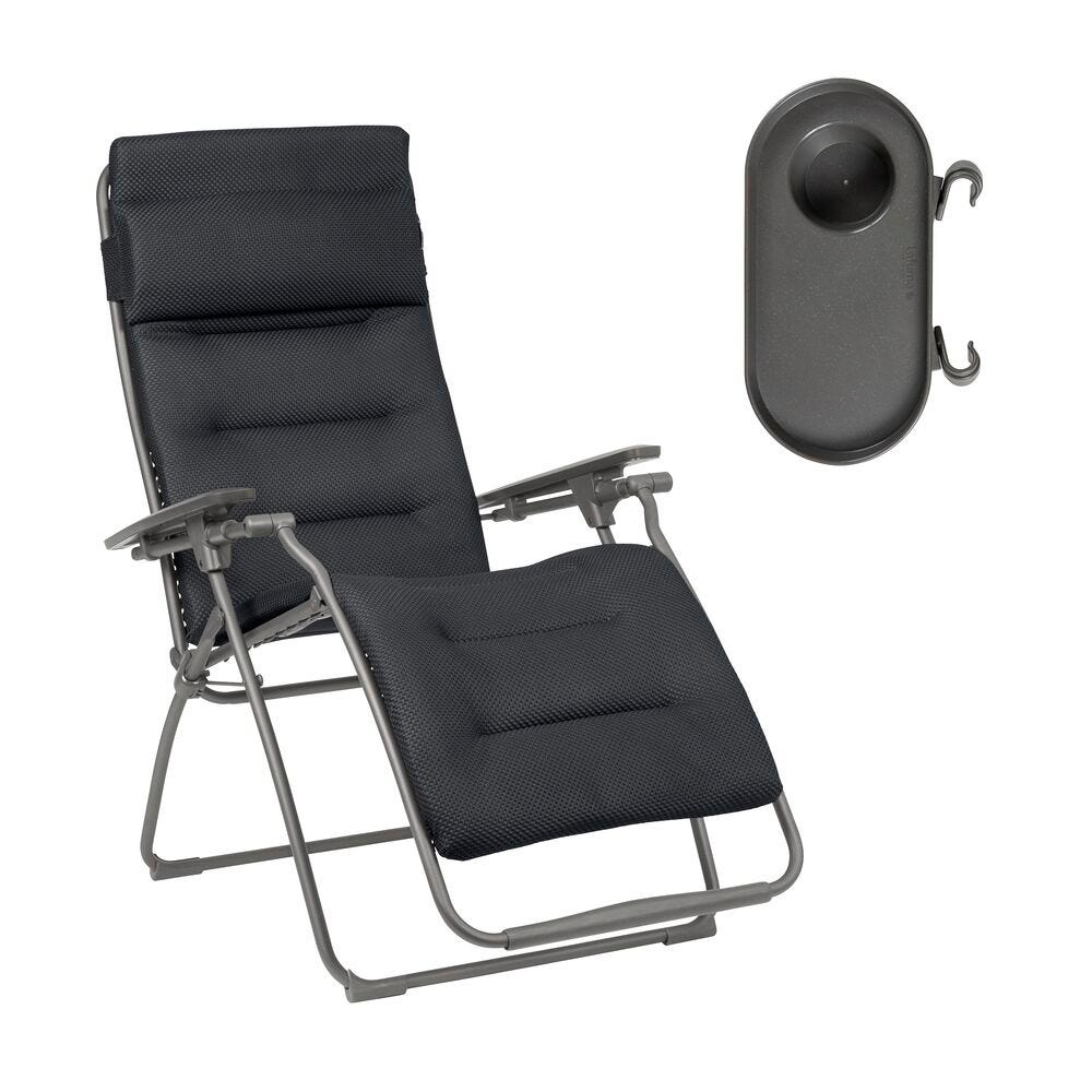 Ensemble fauteuil relax et porte gobelet en acier gris