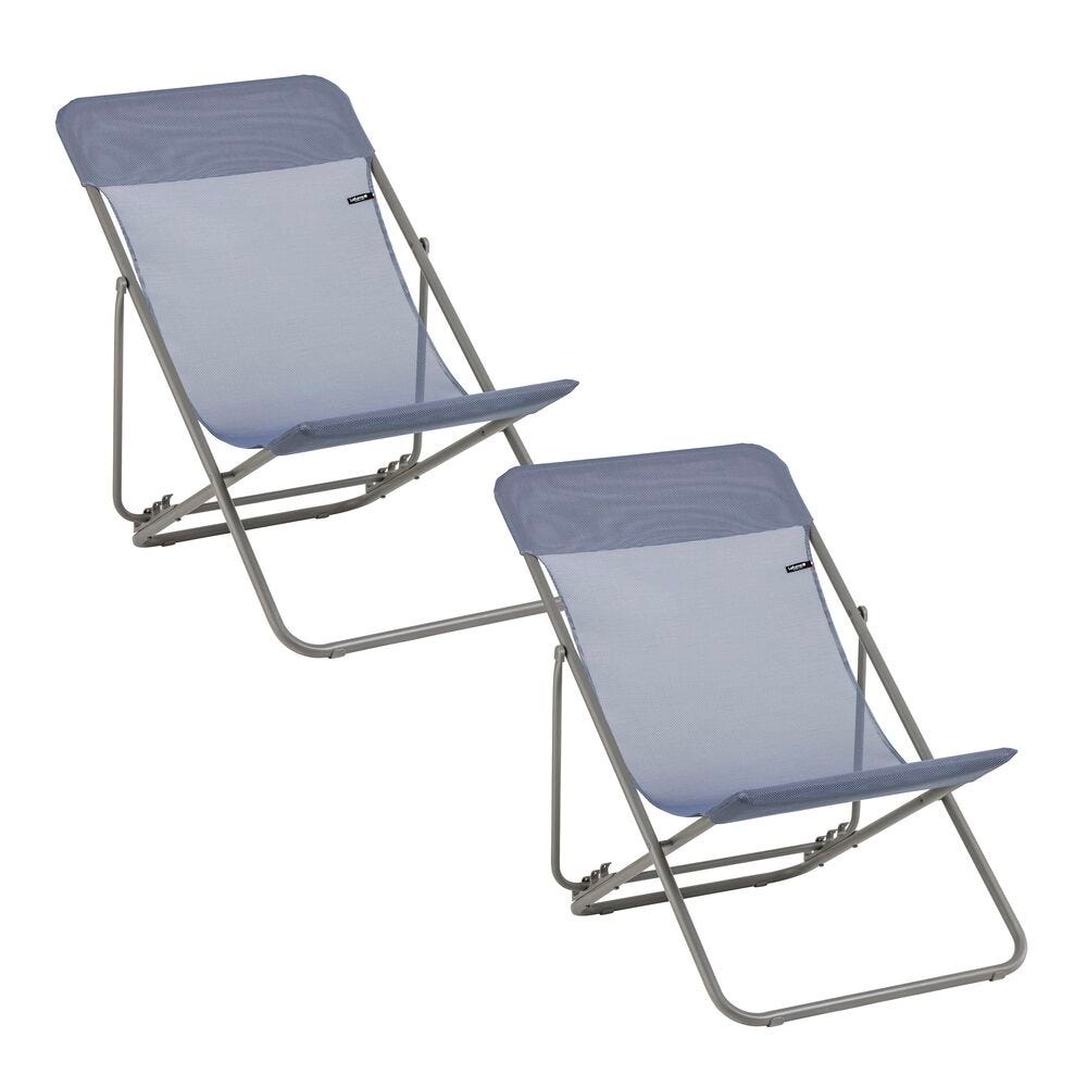 Lot de 2 transats jardin pliants multi-positions en acier bleu