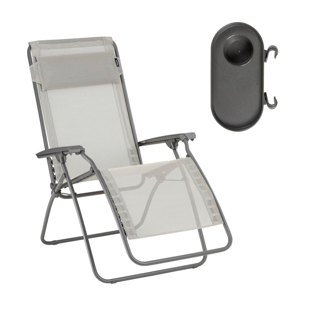 Ensemble fauteuil relax et porte gobelet en acier beige