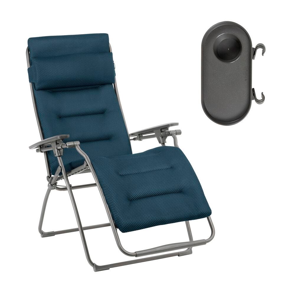 Ensemble fauteuil relax et porte gobelet en acier bleu