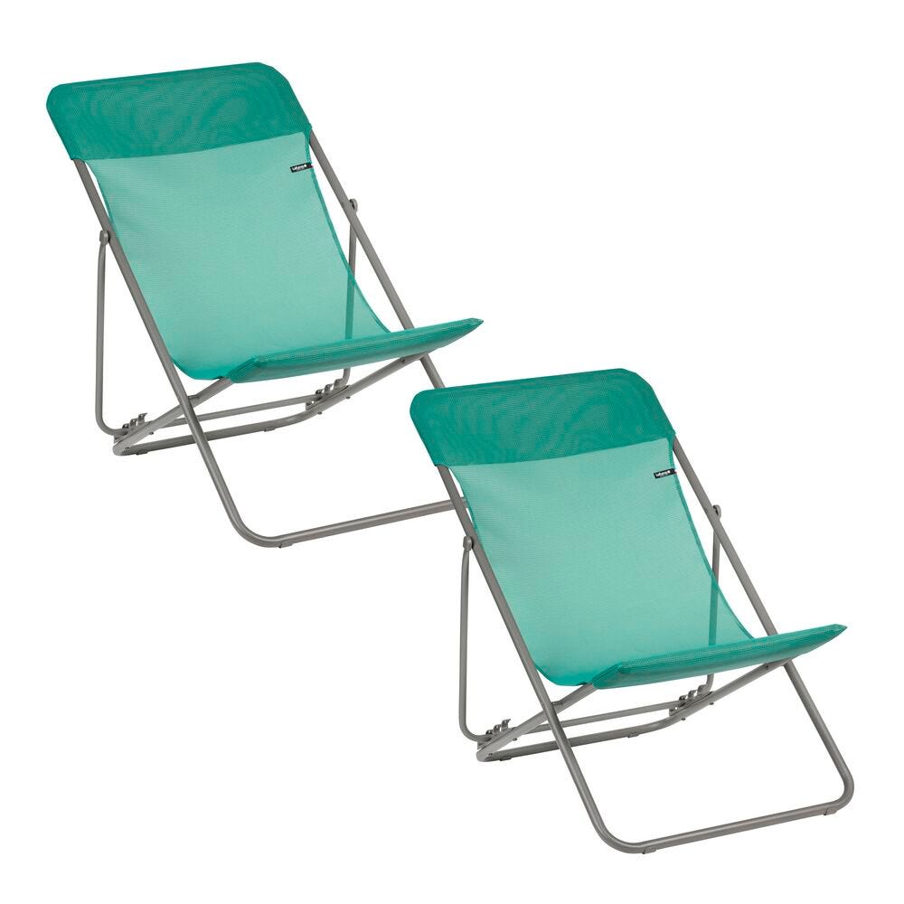 Lot de 2 transats jardin pliants multi-positions en acier vert
