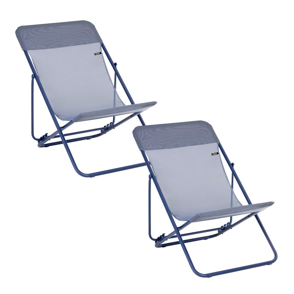 Lot de 2 transats jardin pliants multi-positions en acier bleu
