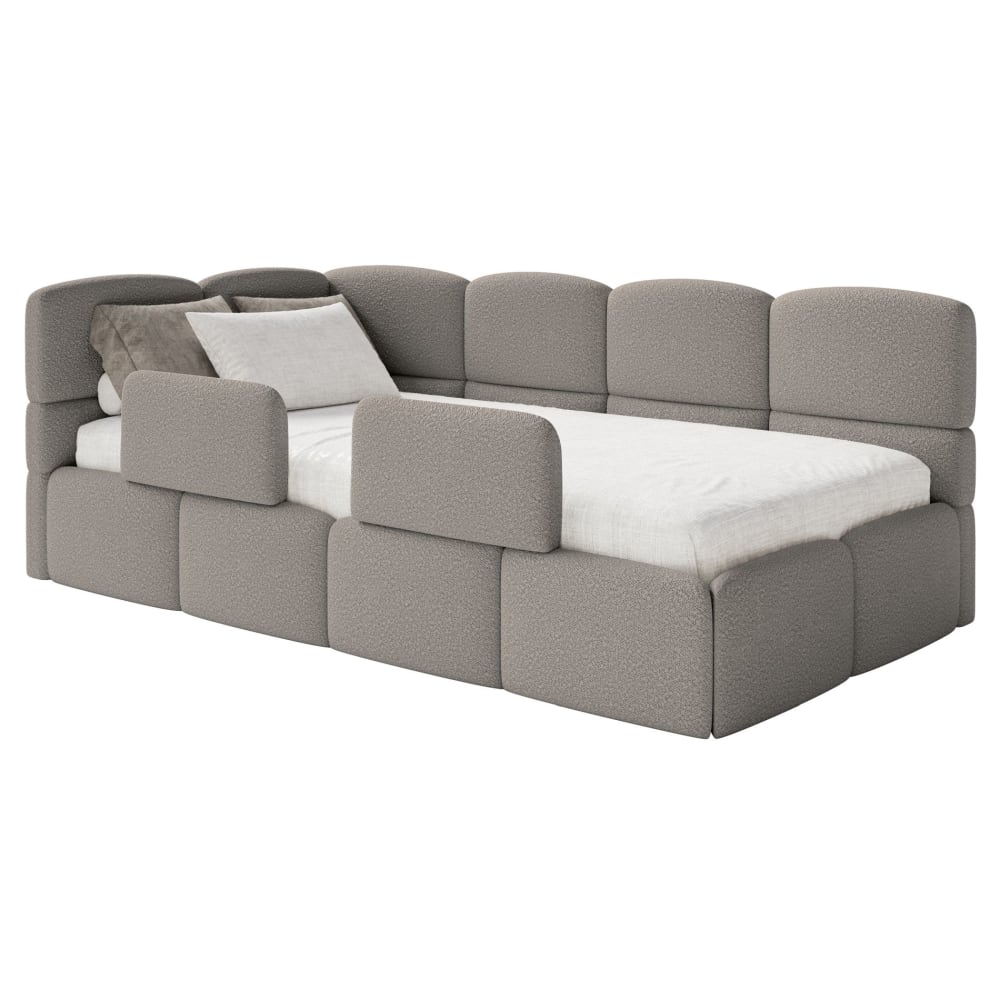 Lit ado 90x200, gauche, avec matelas et barrière, en bouclette gris