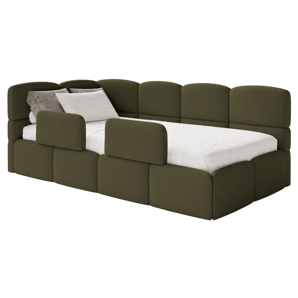 Lit ado 90x200, gauche, avec barrière, en bouclette olive