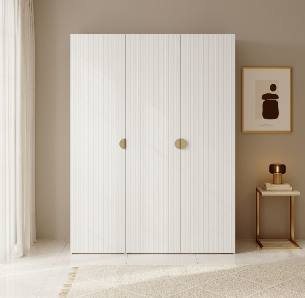 Kleiderschrank 3T mit langer Stange & Regalen, 150 cm, weiß -