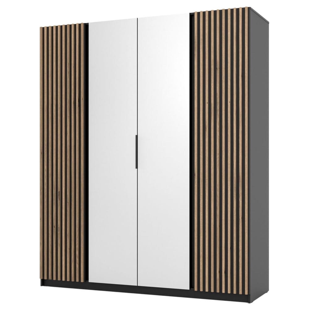 Selsey Kleiderschrank mit seitlichen Lamellen, Spiegel, 200 cm, schwarz style modern - Spanplatte