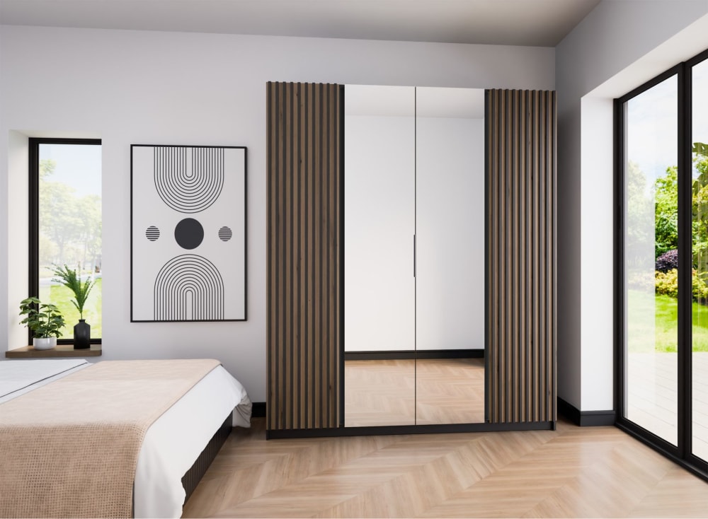 Kleiderschrank mit seitlichen Lamellen, Spiegel, 200 cm, schwarz