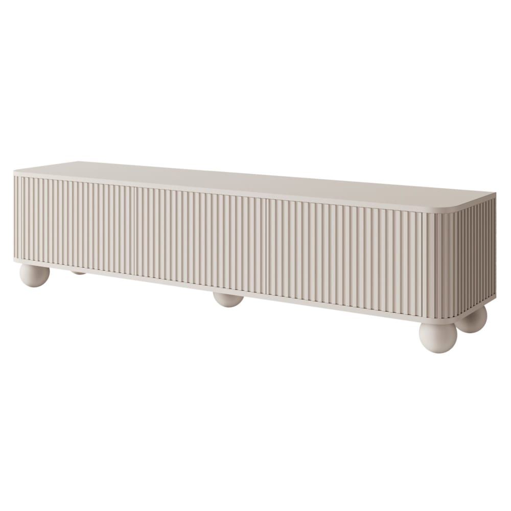 Meuble TV strié sur pieds en boule, greige, 163 cm