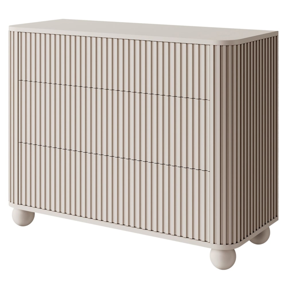 Commode avec 3 tiroirs, striée sur pieds en boule, greige, 93 cm