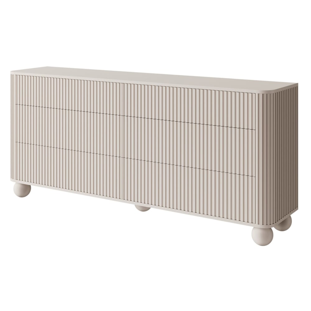 Commode avec 6 tiroirs, striée sur pieds en boule, greige, 168 cm