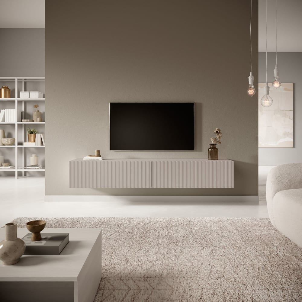 Meuble TV suspendu, greige avec façade à lattes, 175 cm
