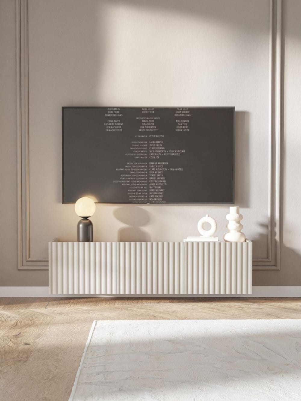 Meuble tv suspendu 3 portes, grège, 144 cm