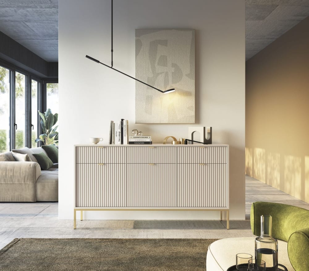 Sideboard 3-türig, Greige mit goldfarbenem Gestell, 154 cm -