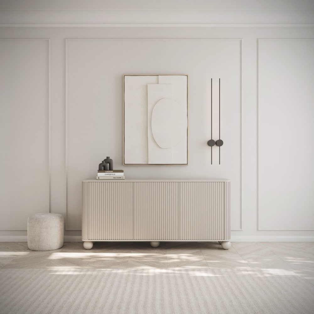 Sideboard 3-türig, gerillt auf Kugelfüßen, greige, 163 cm -