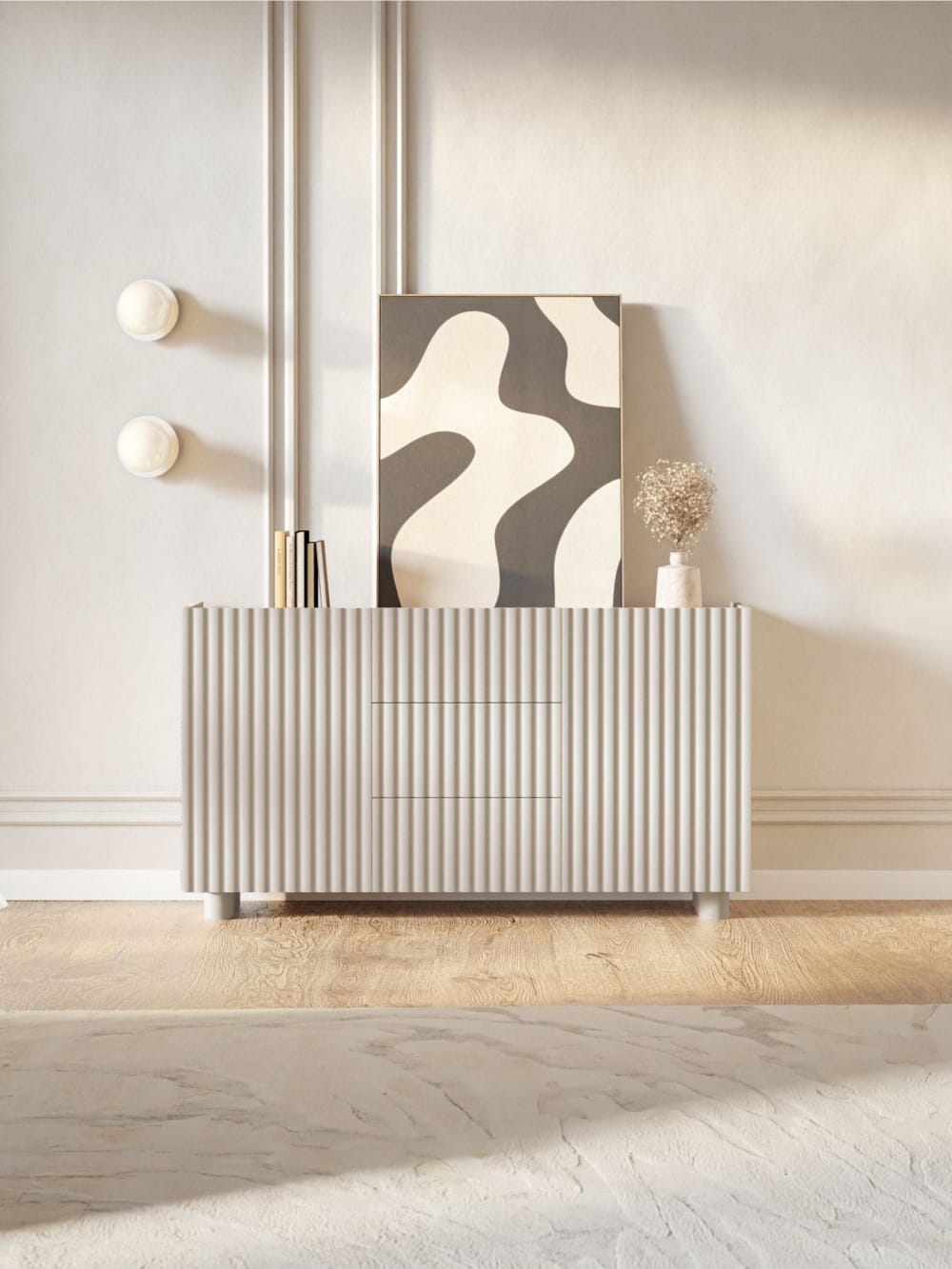 Sideboard 2-türig mit drei Schubladen, Greige, 144 cm - Maisons