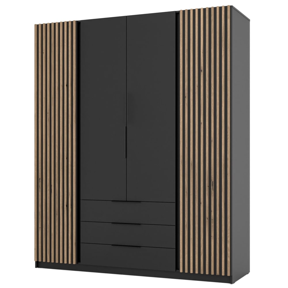 Selsey Kleiderschrank mit Lamellen & 3 Schubladen, 200 cm, schwarz style modern - Spanplatte