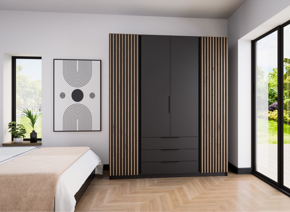 Kleiderschrank mit Lamellen & 3 Schubladen, 200 cm, schwarz -