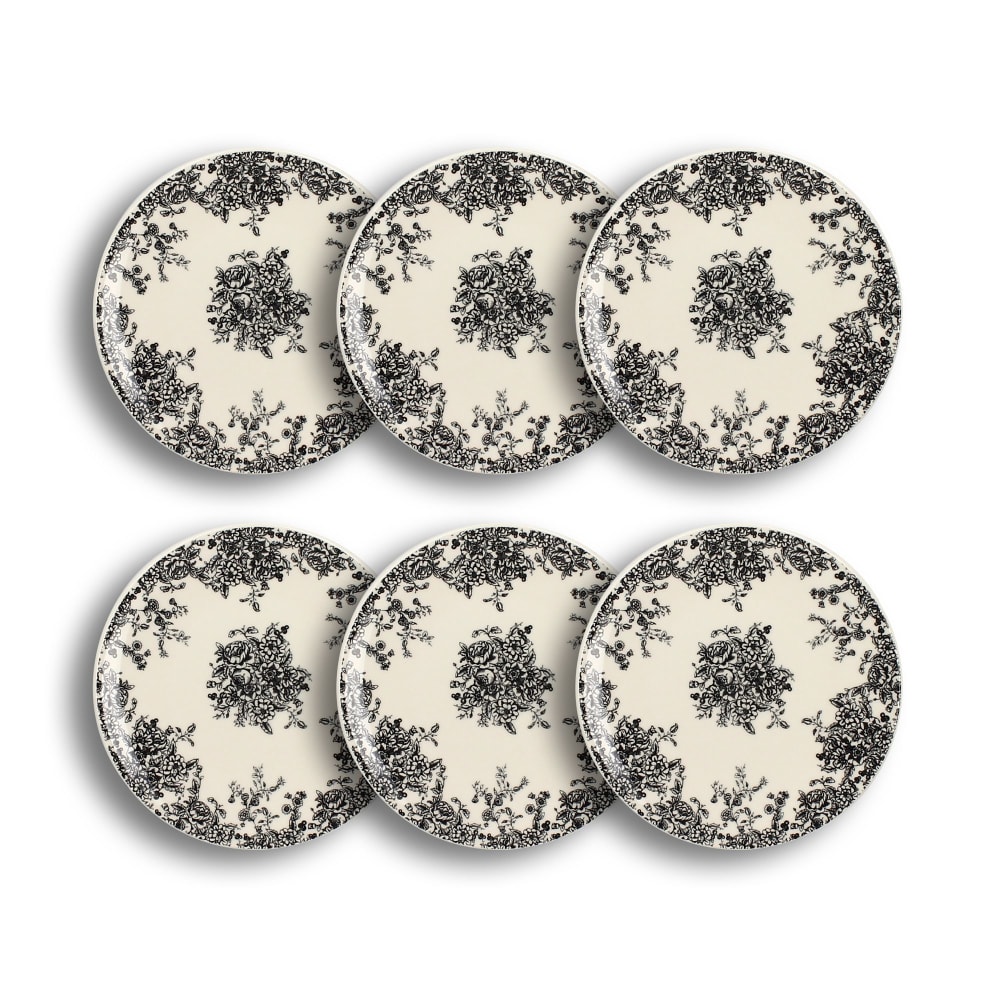 Lot de 6 assiettes à dessert en grès décor fleuri noir 19,5cm Lot de 6 assiettes à dessert en grès décor fleuri noir 19,5cm