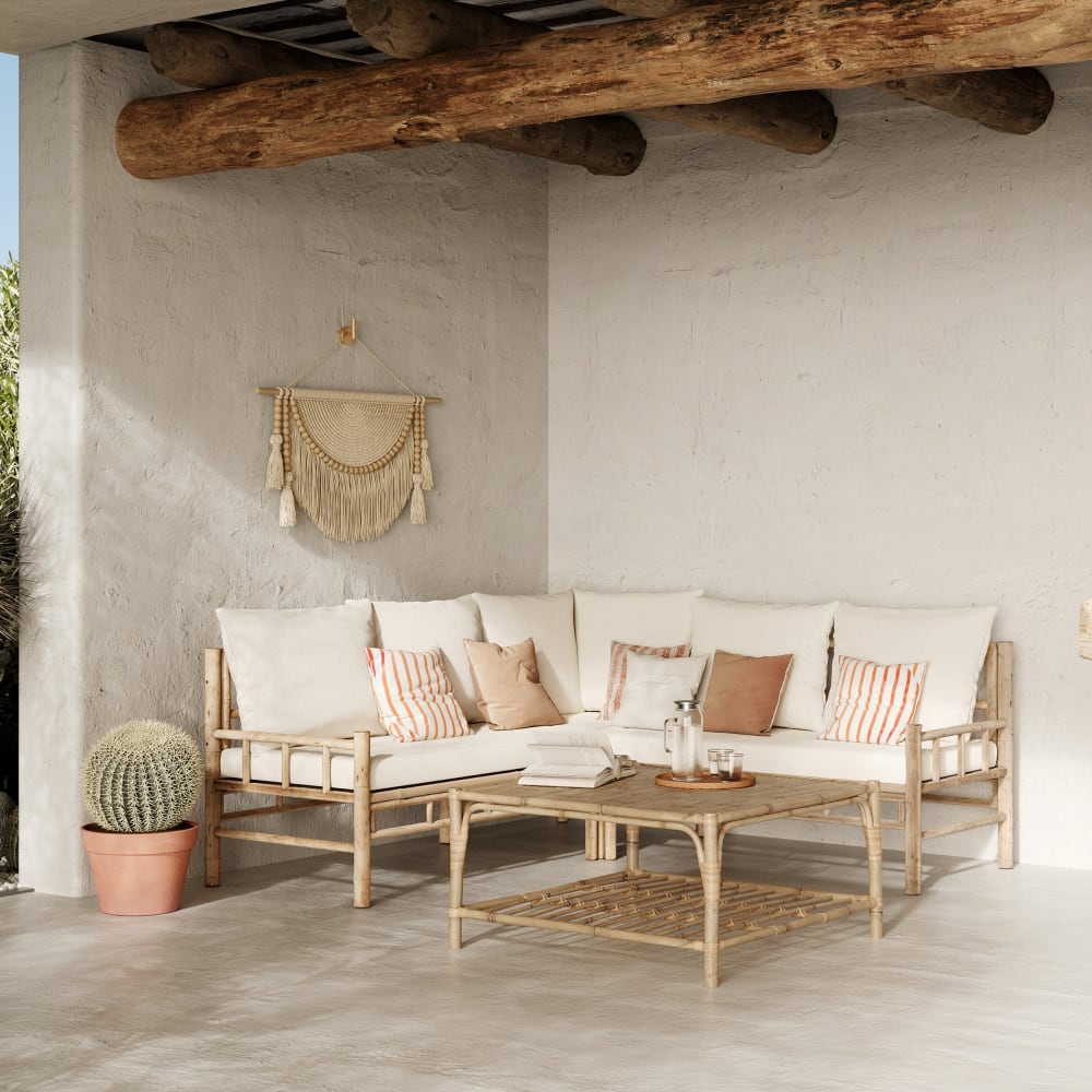 Salon de jardin 5 personnes blanc en bambou, table basse carrée