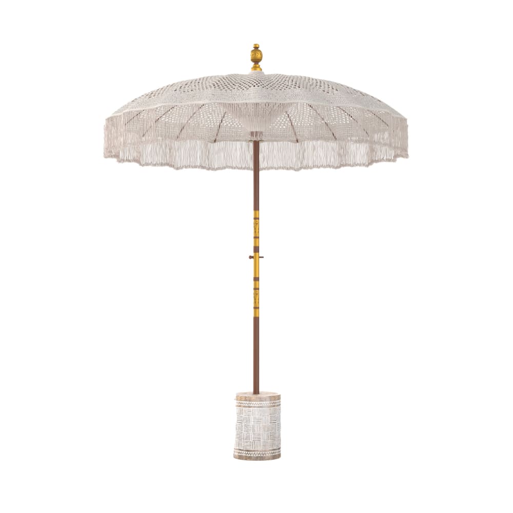 Ensemble parasol en macramé et pied de parasol en bois