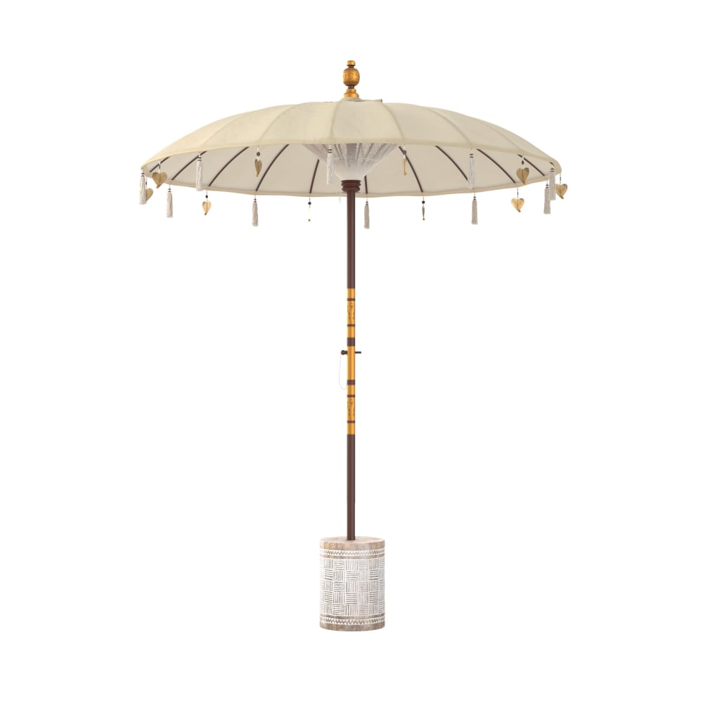 Ensemble parasol en tissu crème et pied de parasol en bois