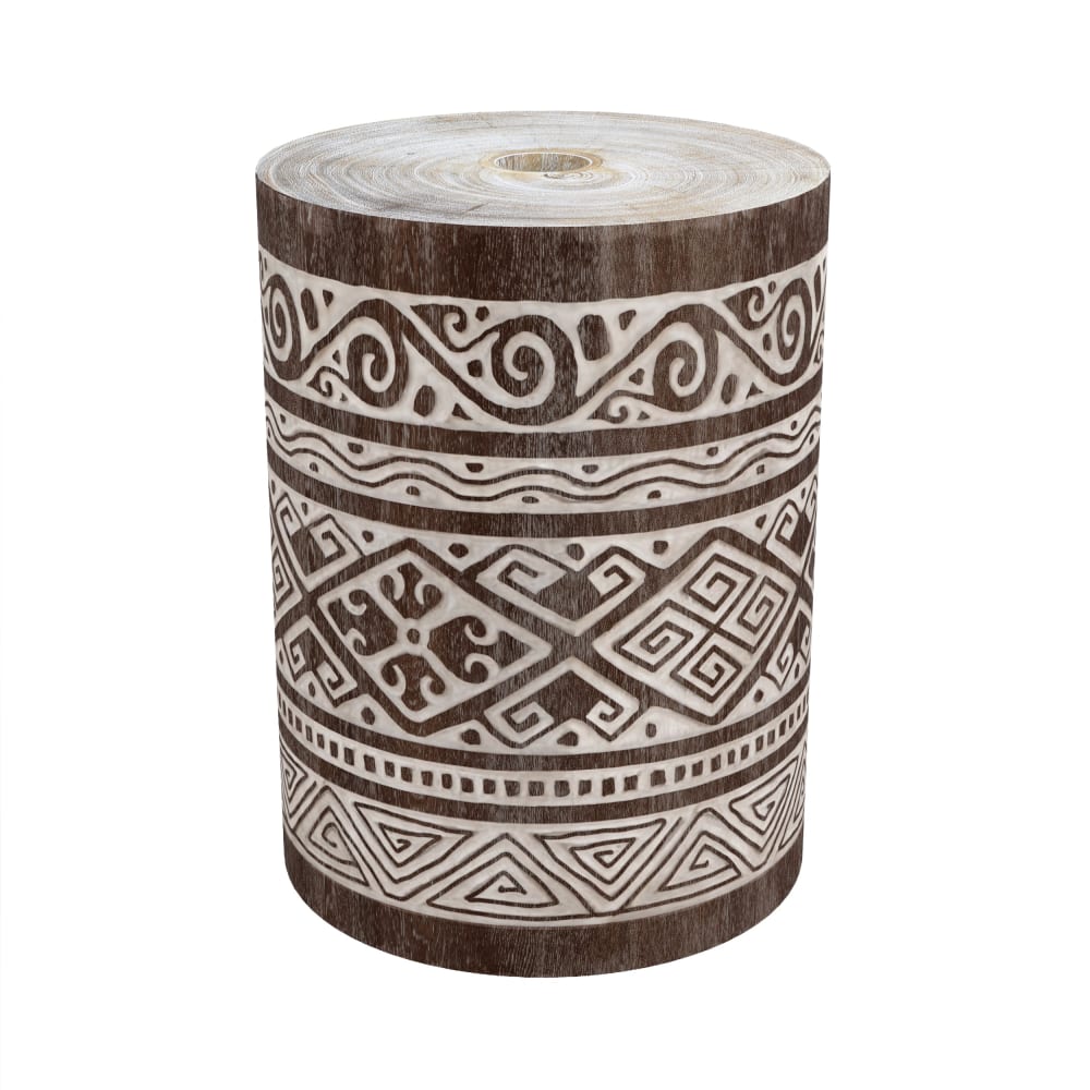 Pied de parasol en bois de suar et gravures blanches