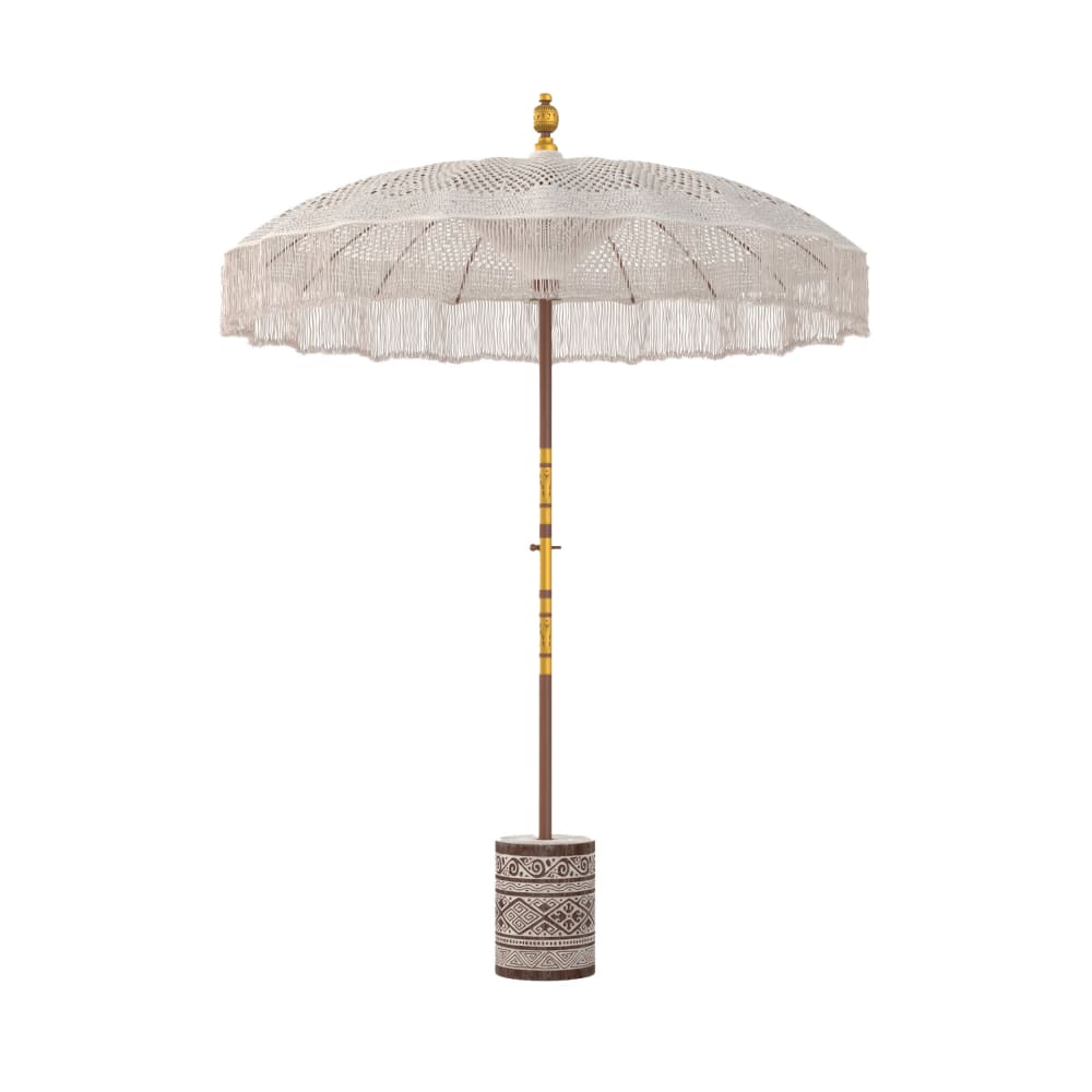 Ensemble parasol en macramé et pied de parasol en bois de suar
