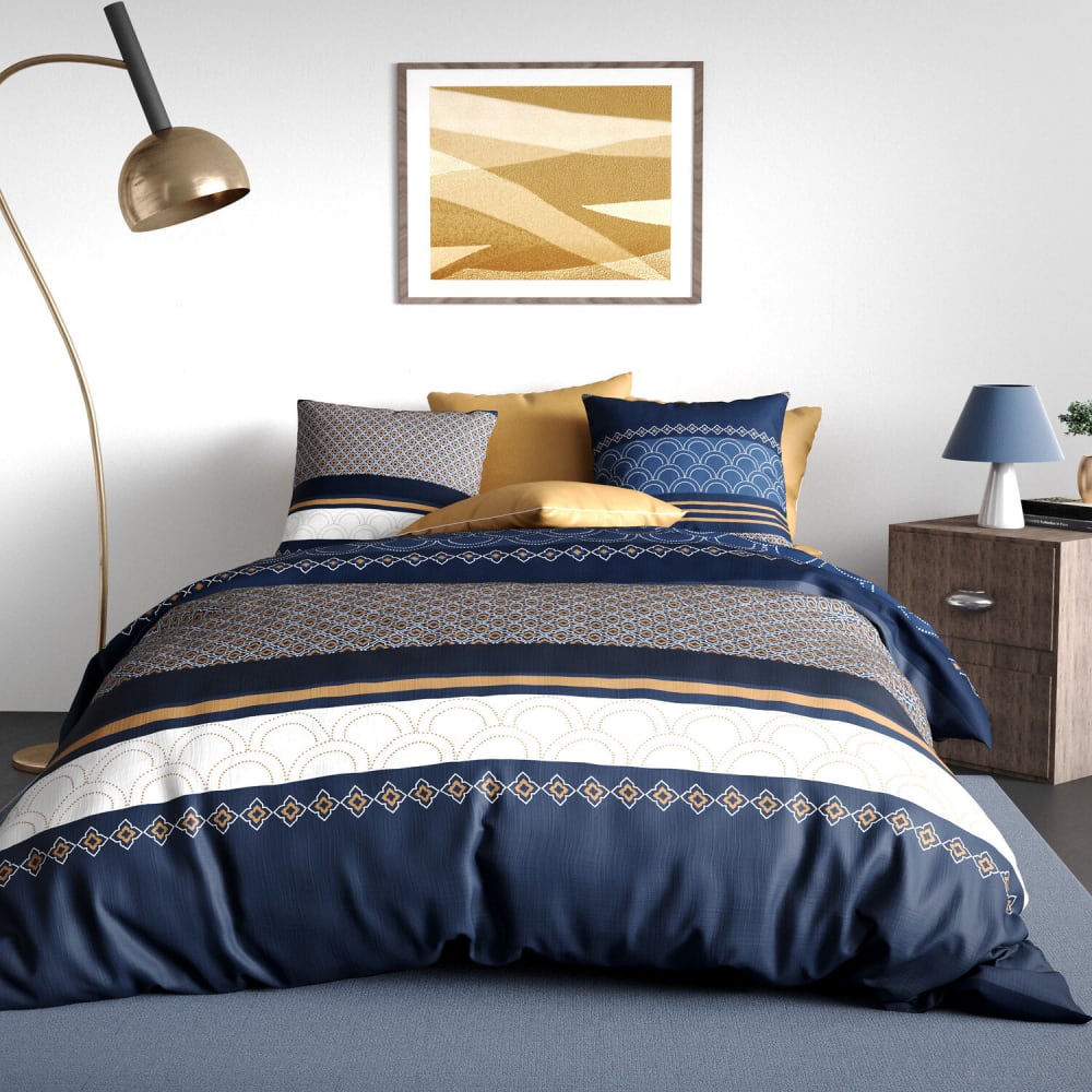 Parure housse de couette coton imprimée + 2 taies 260x240 cm