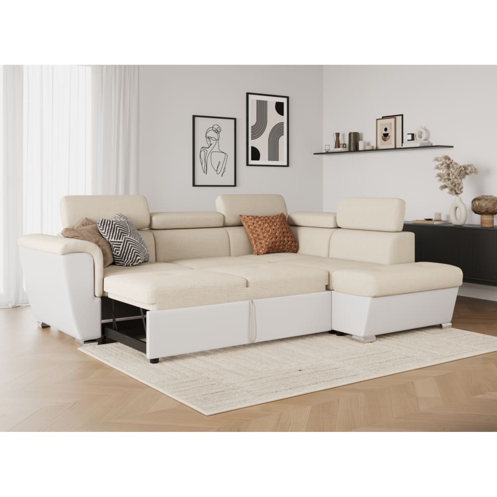 Canapé d'angle droit convertible 4 places, tissu Easy Clean et simili