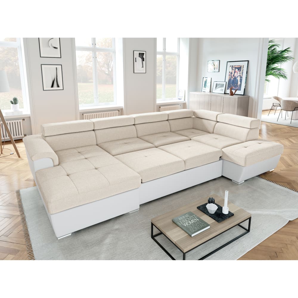 Canapé panoramique convertible, 2 coffres, tissu Easy Clean et simili