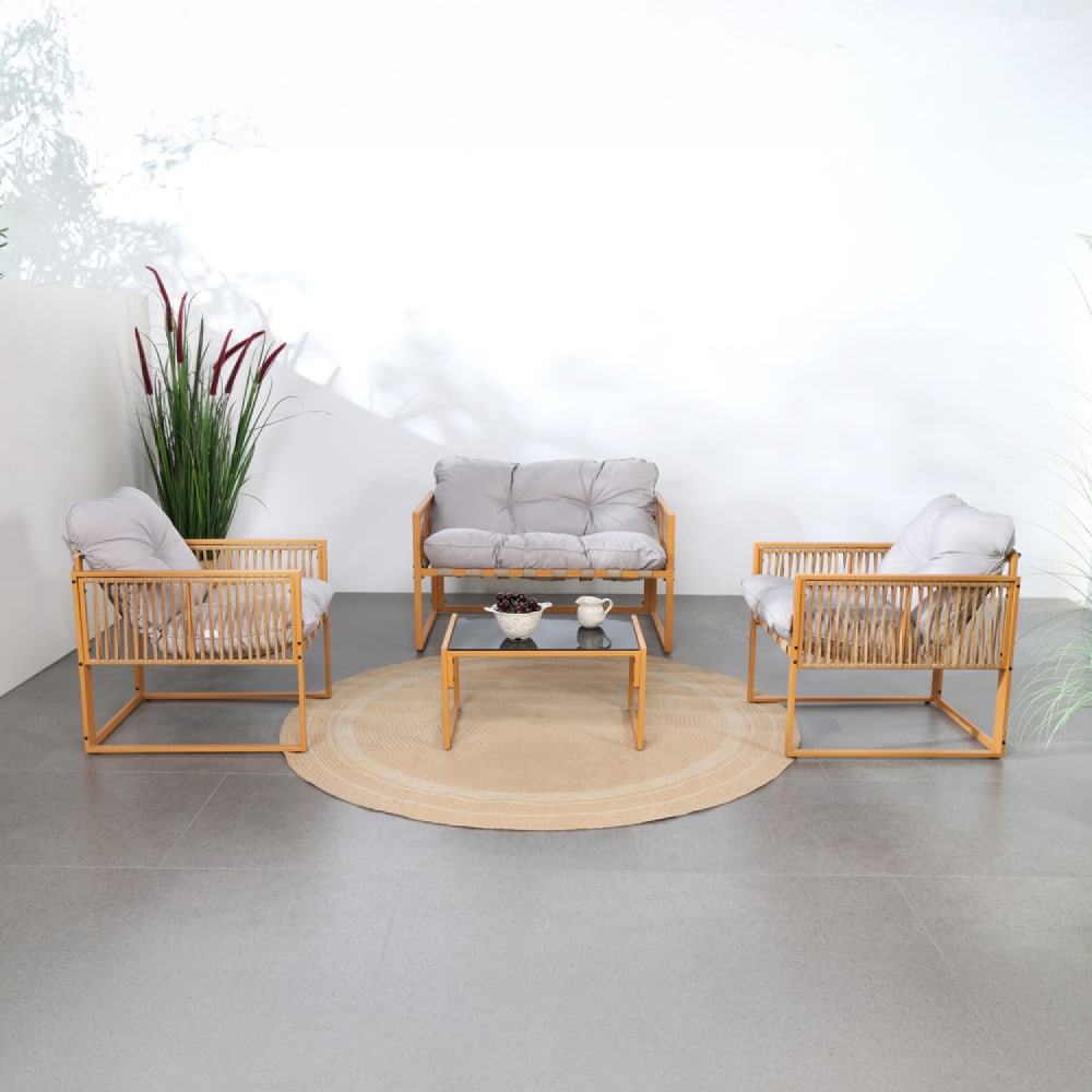 Salon de jardin 4 places effet rotin coussins gris clair