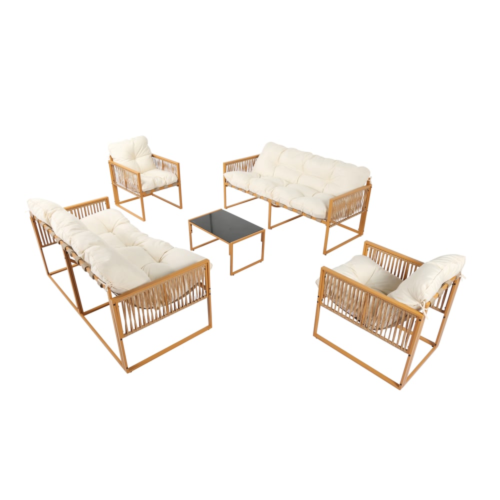 Salon de jardin 8 places effet rotin coussins blancs