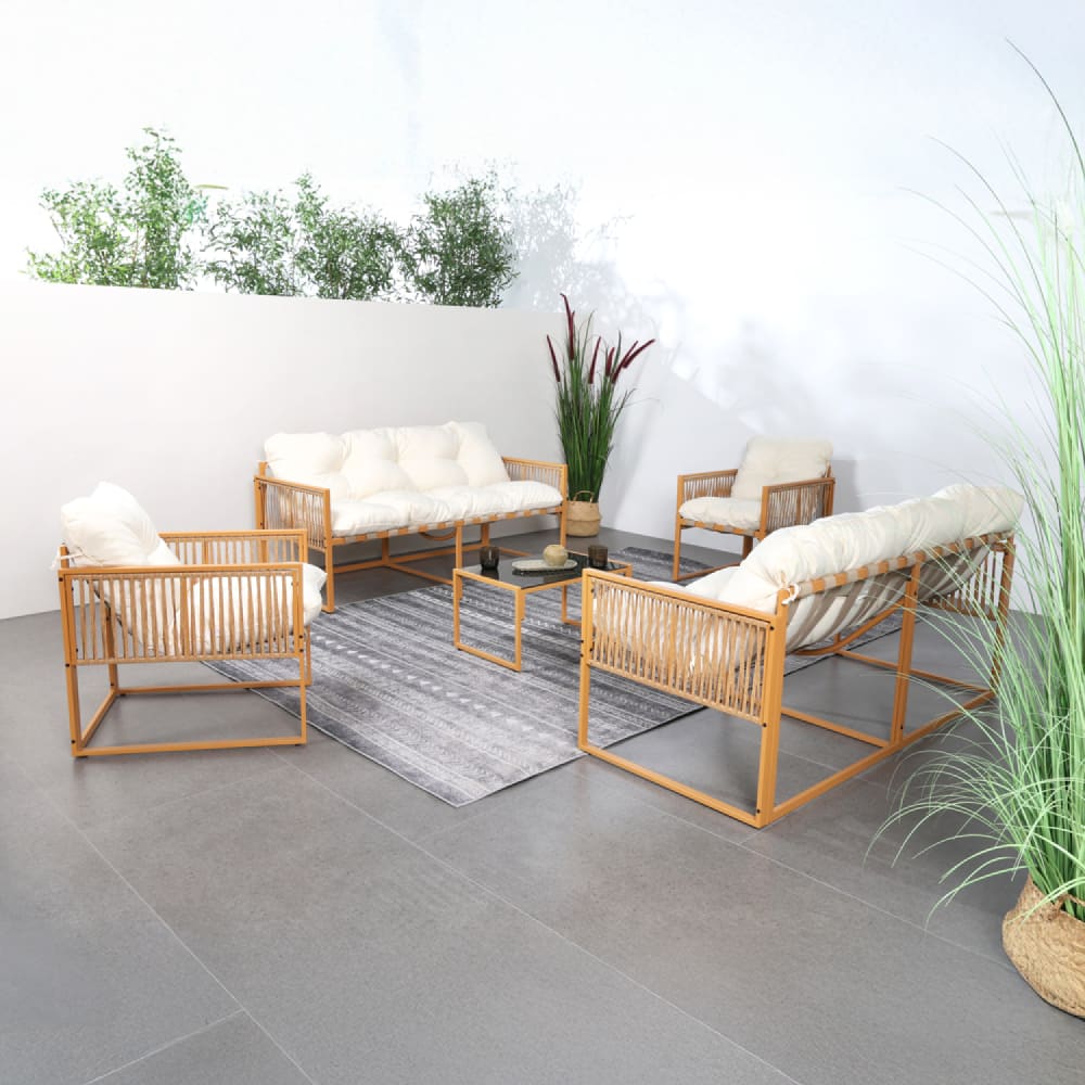 Salon de jardin 8 places effet rotin coussins blancs