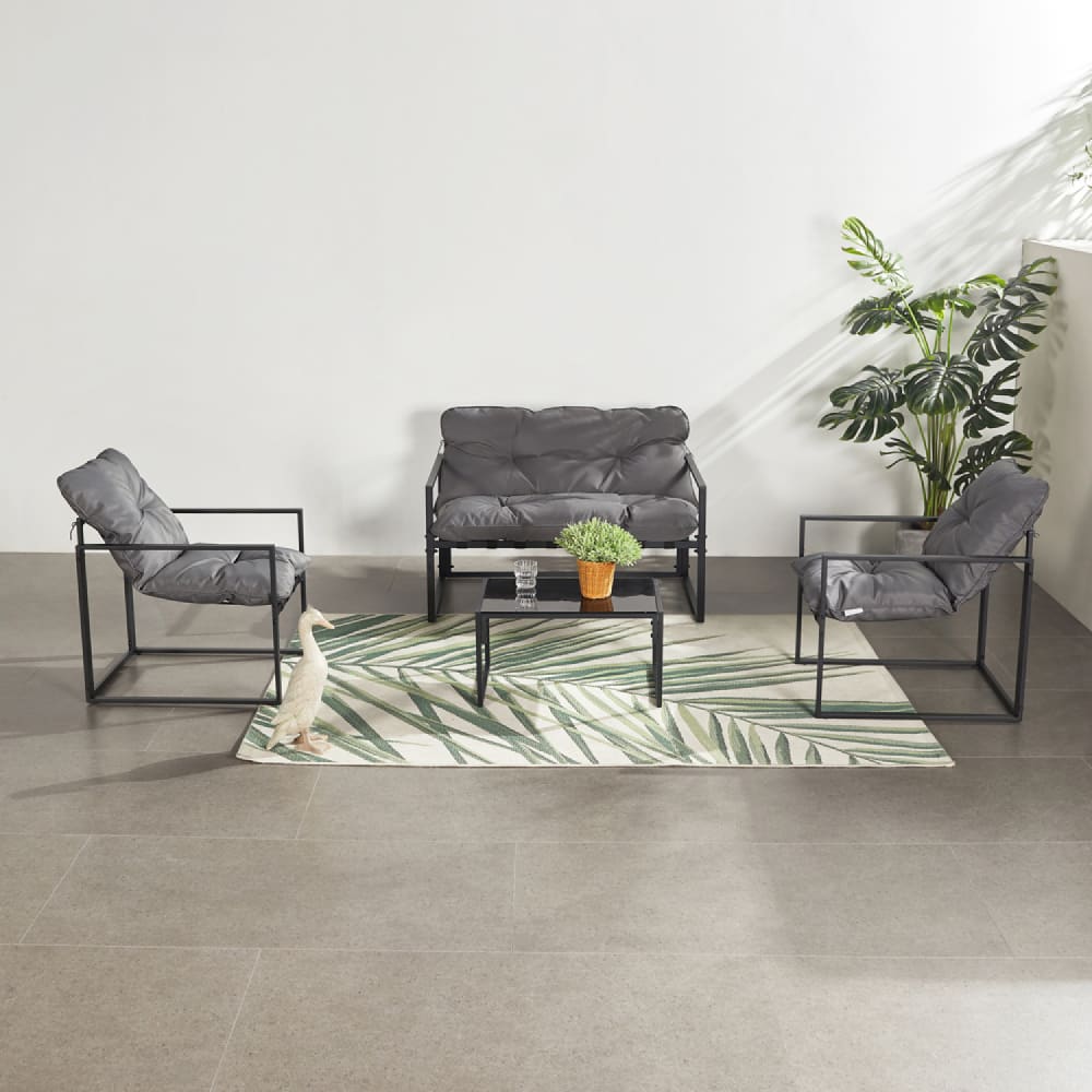 Salon de jardin 4 places contemporain noir et coussins gris