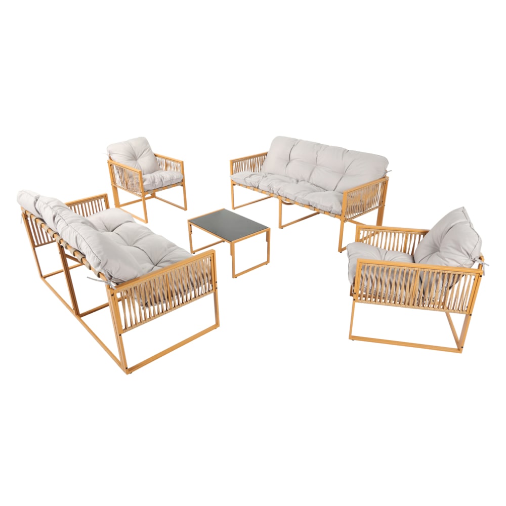 Salon de jardin 8 places effet rotin coussins gris clair