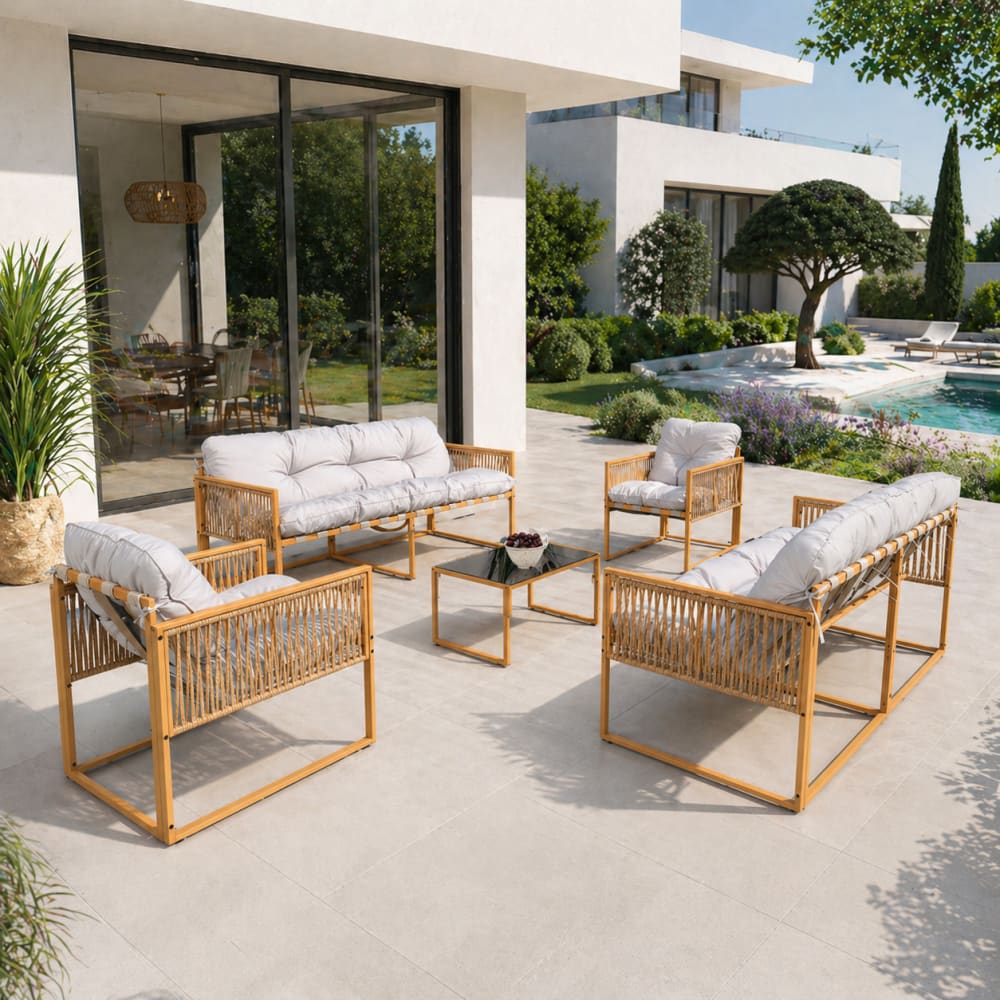 8-Sitzer-Gartenmöbel mit Rattan-Effekt hellgraue Polster -