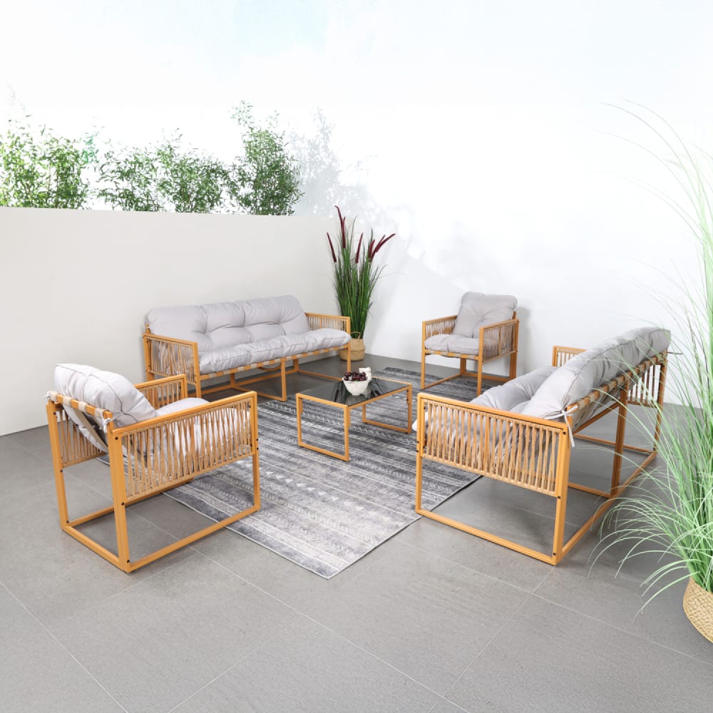 Salon de jardin 8 places effet rotin coussins gris clair