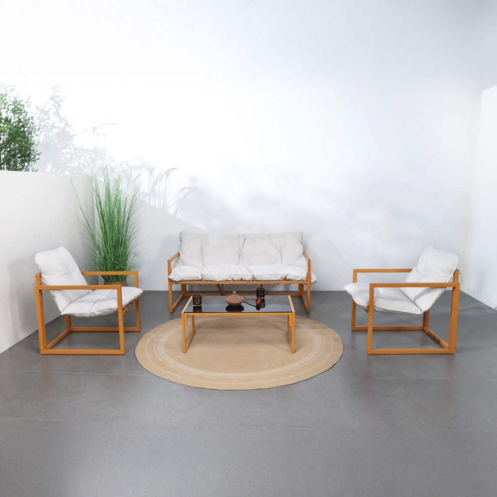 Salon de jardin 5 places contemporain marron et coussins beiges