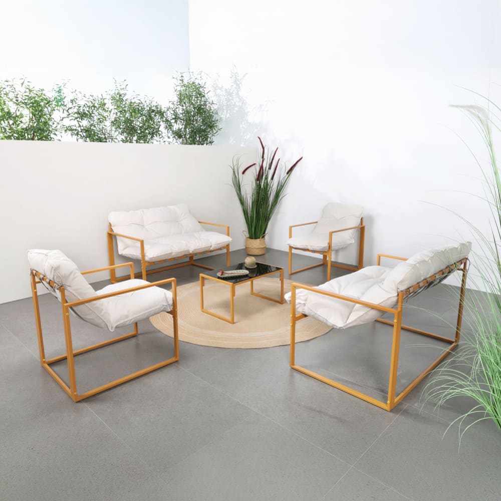 Salon de jardin 6 places contemporain marron et coussins beiges