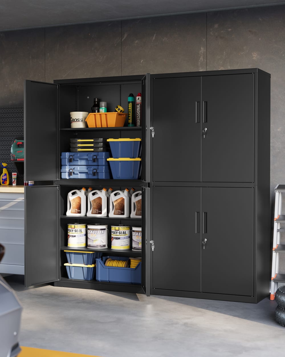 Armoire de garage à 5 étagères avec 4 portes 2 serrures noir