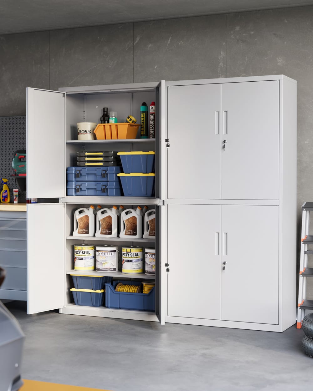 Armoire de garage à 5 étagères avec 4 portes 2 serrures gris mat