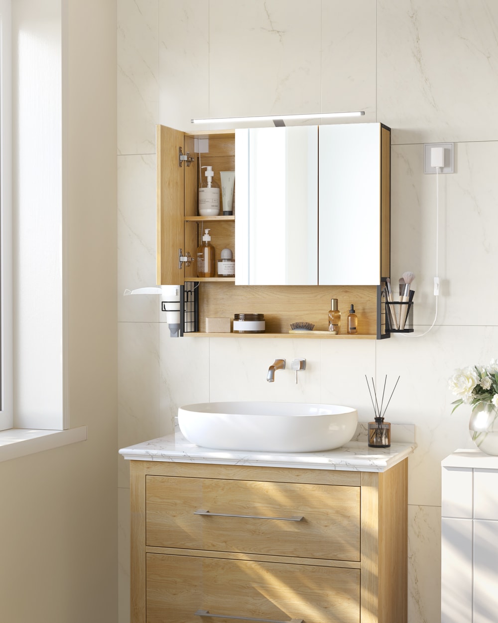 Meuble haut de salle de bain 3 portes étagère réglable chêne naturel