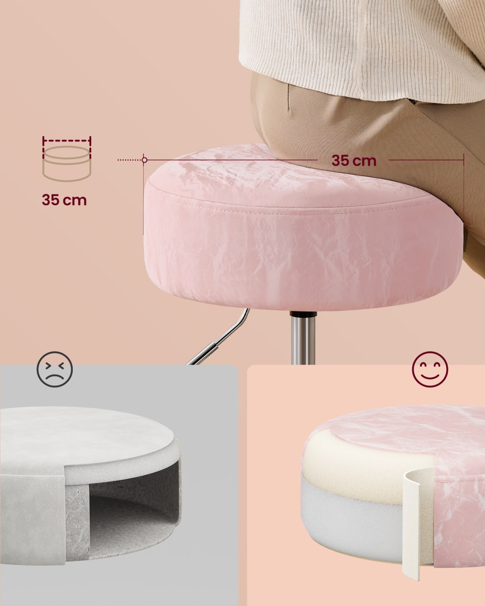 Tabouret de maquillage réglable en hauteur pivotant à 360 pu rose