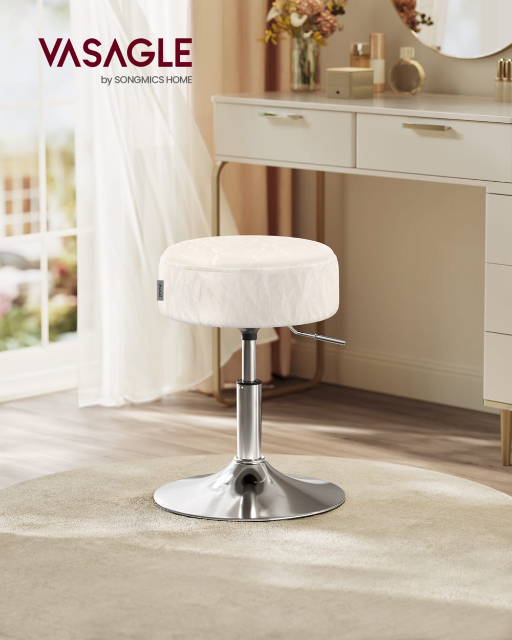 Tabouret de maquillage réglable en hauteur pivotant blanc et crème