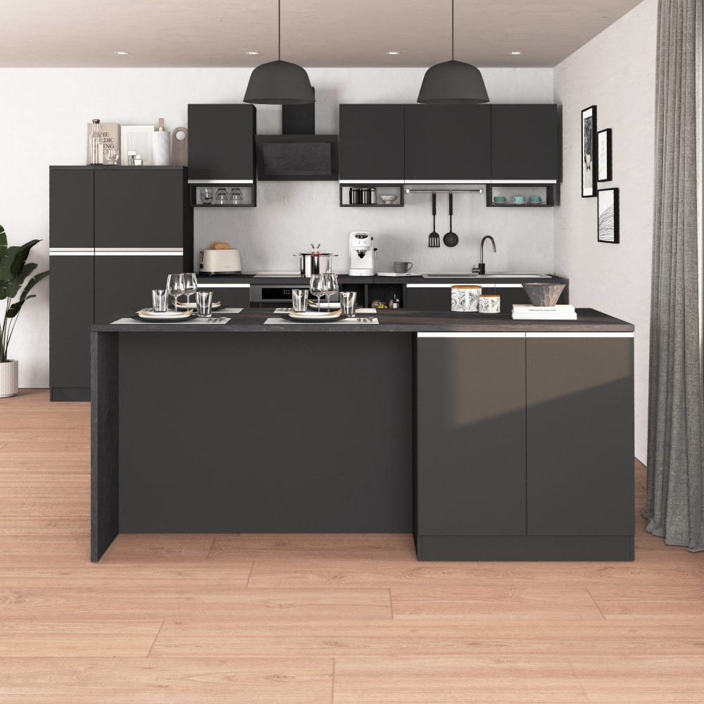 Îlot de cuisine 4 portes 200 cm effet bois anthracite mat/gris report