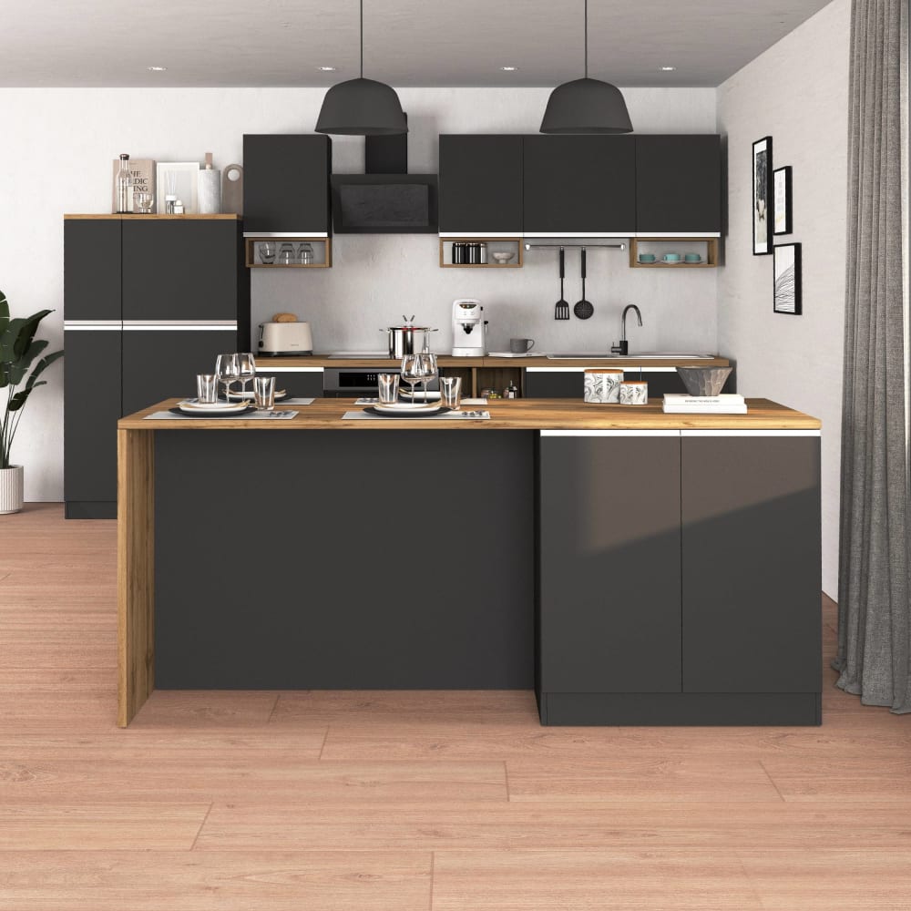Îlot de cuisine 4 portes 200 cm effet bois anthracite mat et chêne