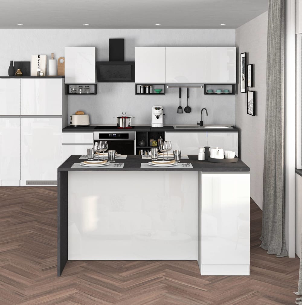 Îlot de cuisine 2 portes 160 cm effet bois blanc brillant et ardoise