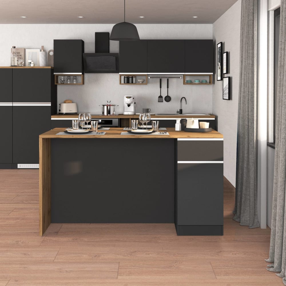 Îlot de cuisine 2 portes 160 cm effet bois anthracite mat et chêne